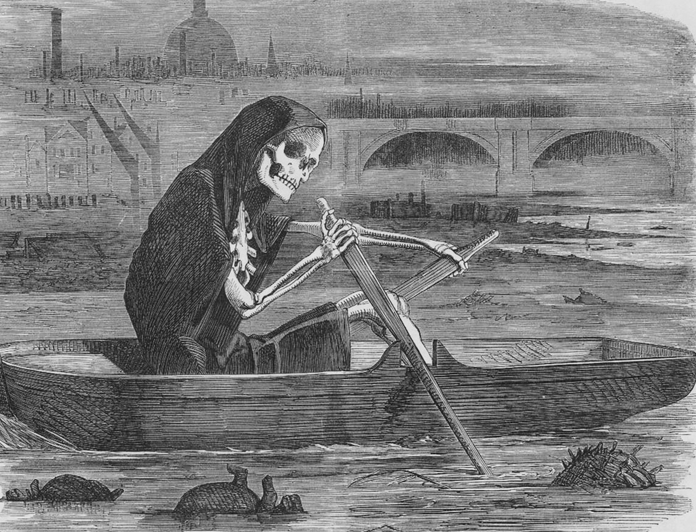 A cloaked skeleton rows a boat through rubbish-strewn water on the Thames, with a bridge and St Paul’s Cathedral behind it.
